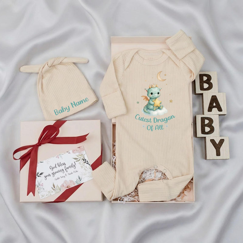 Personalized Baby Name Newborn Romper Hat Set Soft Cotton Dragon Design Cute Green Fantasy Take Home Outfit Pastel Storybook Gift