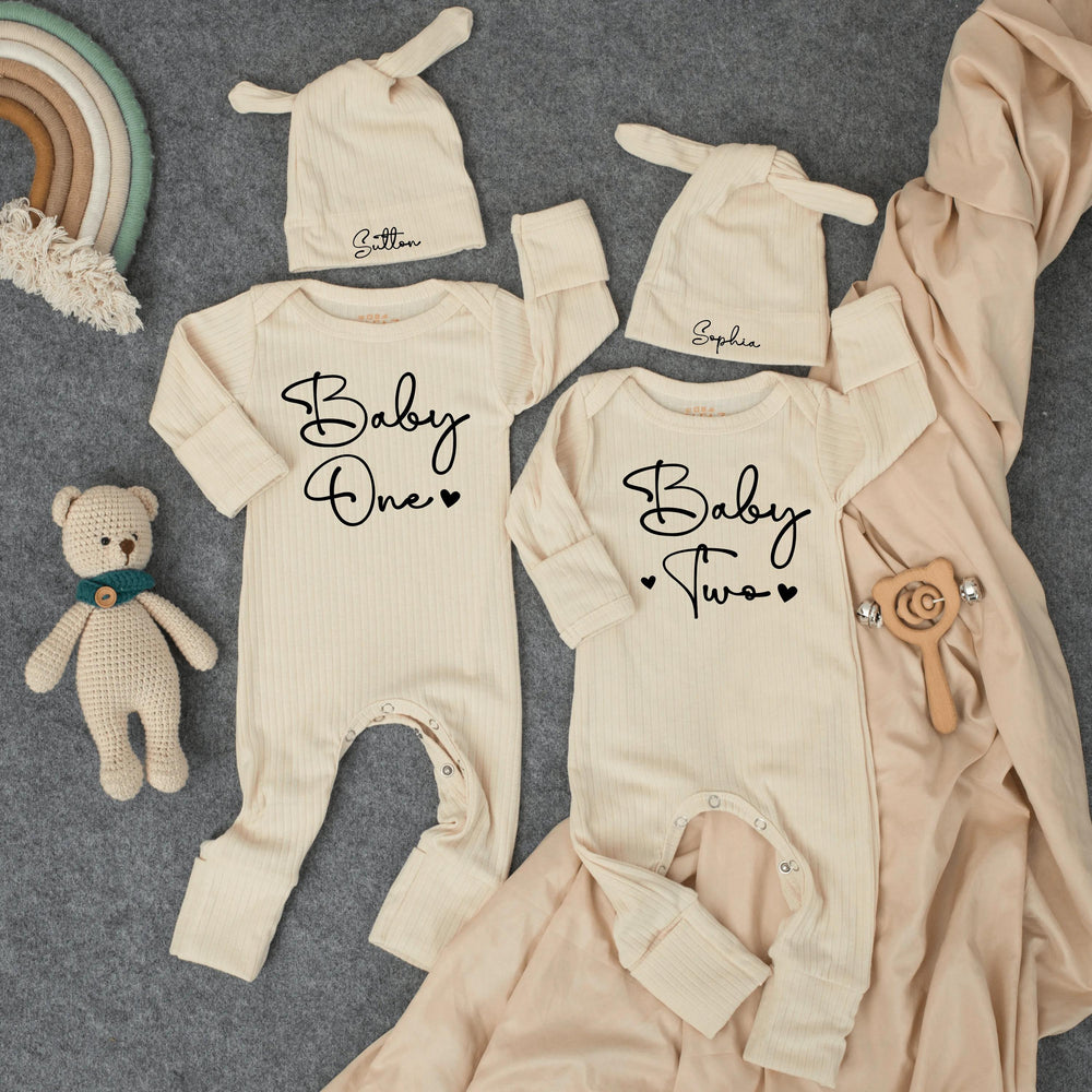 Personalized Baby One Baby Two Twin Bodysuits with Hats Minimalist Design Newborn Clothing Set Gift for Twins Soft Cotton Outfit