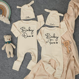 Personalized Baby One Baby Two Twin Bodysuits with Hats Minimalist Design Newborn Clothing Set Gift for Twins Soft Cotton Outfit