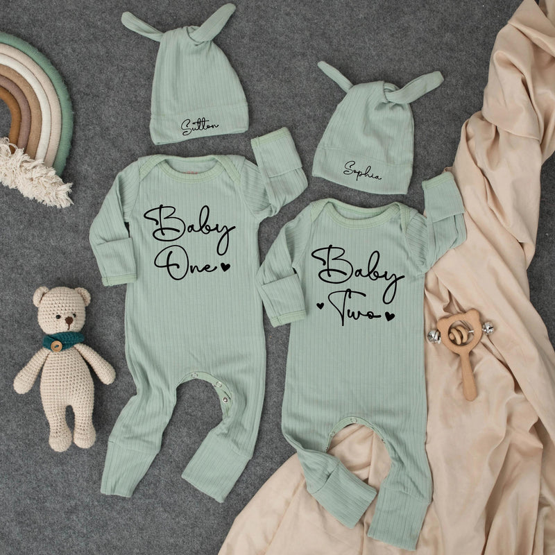 Personalized Baby One Baby Two Twin Bodysuits with Hats Minimalist Design Newborn Clothing Set Gift for Twins Soft Cotton Outfit