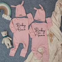 Personalized Baby One Baby Two Twin Bodysuits with Hats Minimalist Design Newborn Clothing Set Gift for Twins Soft Cotton Outfit