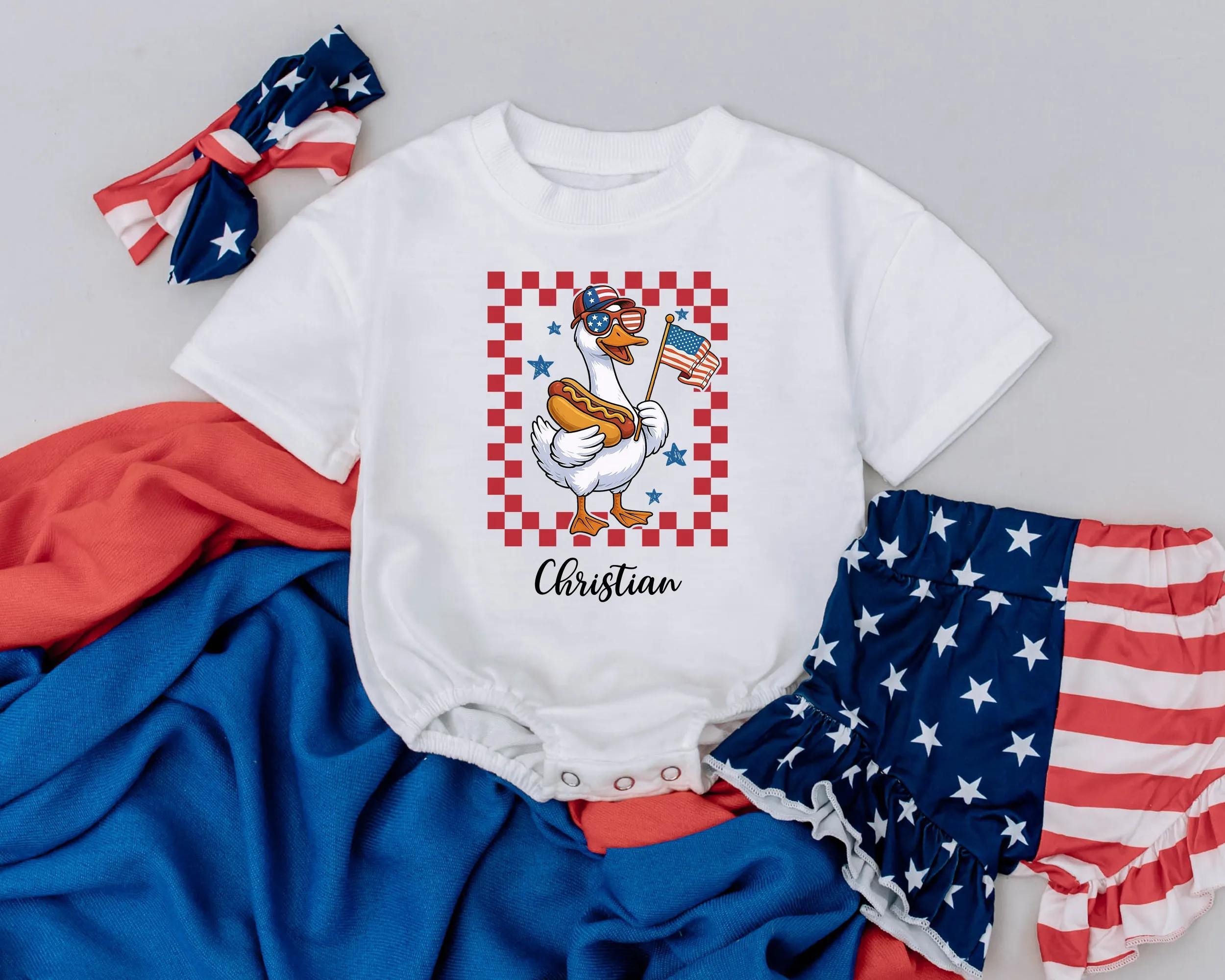 Personalized Baby Patriotic Goose Romper 4th of July Outfit Custom Name Summer Gift USA Flag Infant Clothes Red White Blue Design
