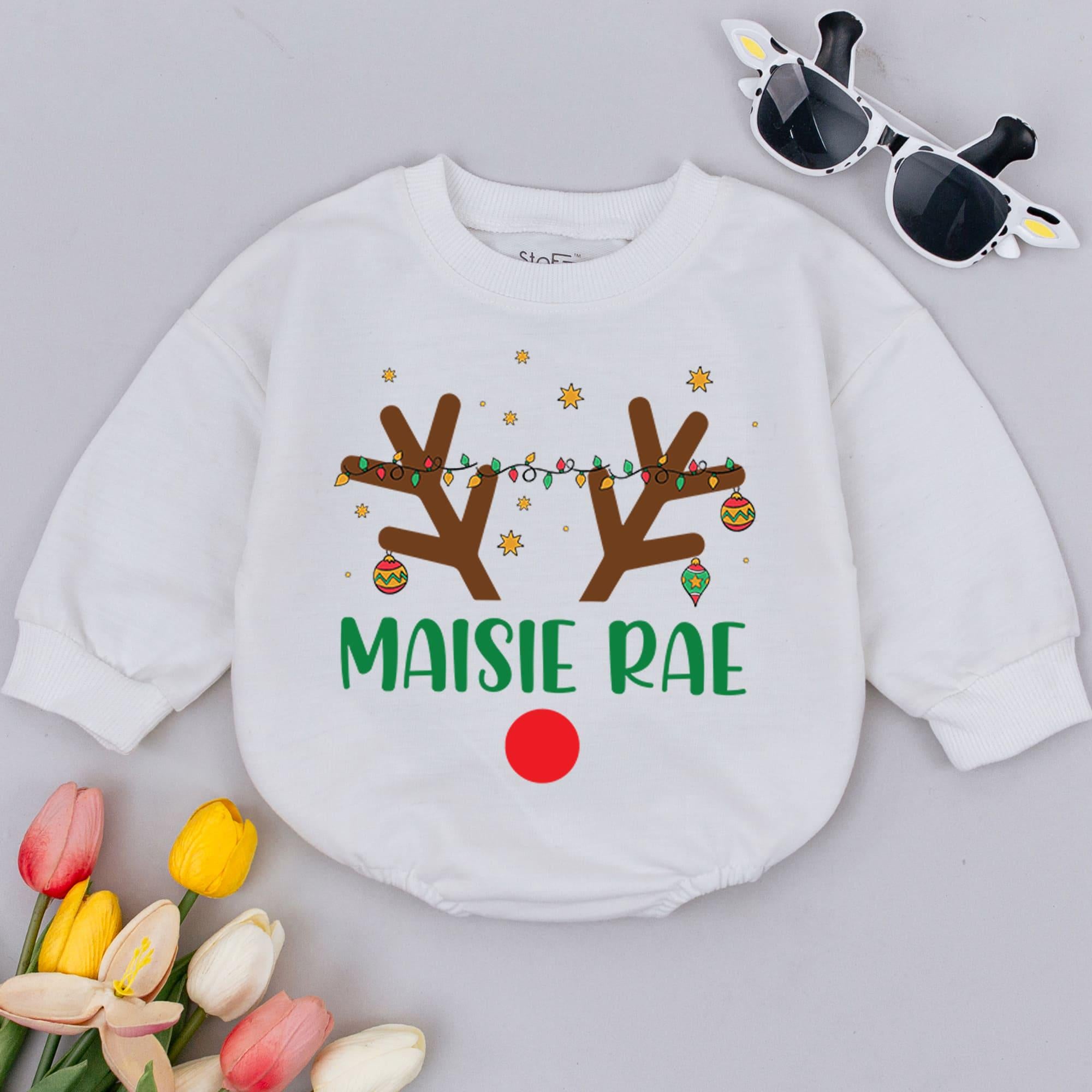 Personalized Baby Reindeer Romper Holiday Outfit Infant Christmas Clothes Maisie Rae 1st Xmas Gift Soft Cotton Festive Design
