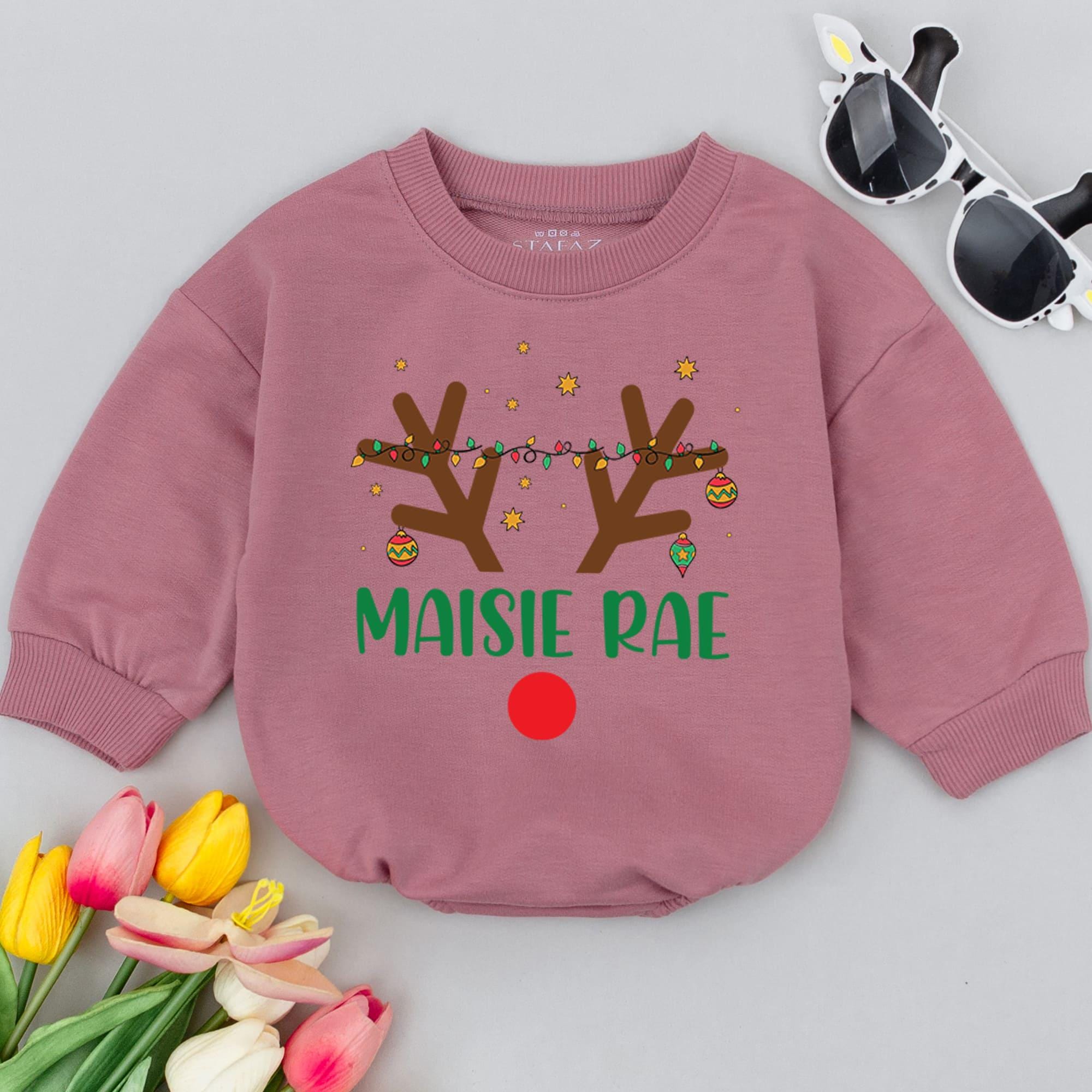 Personalized Baby Reindeer Romper Holiday Outfit Infant Christmas Clothes Maisie Rae 1st Xmas Gift Soft Cotton Festive Design