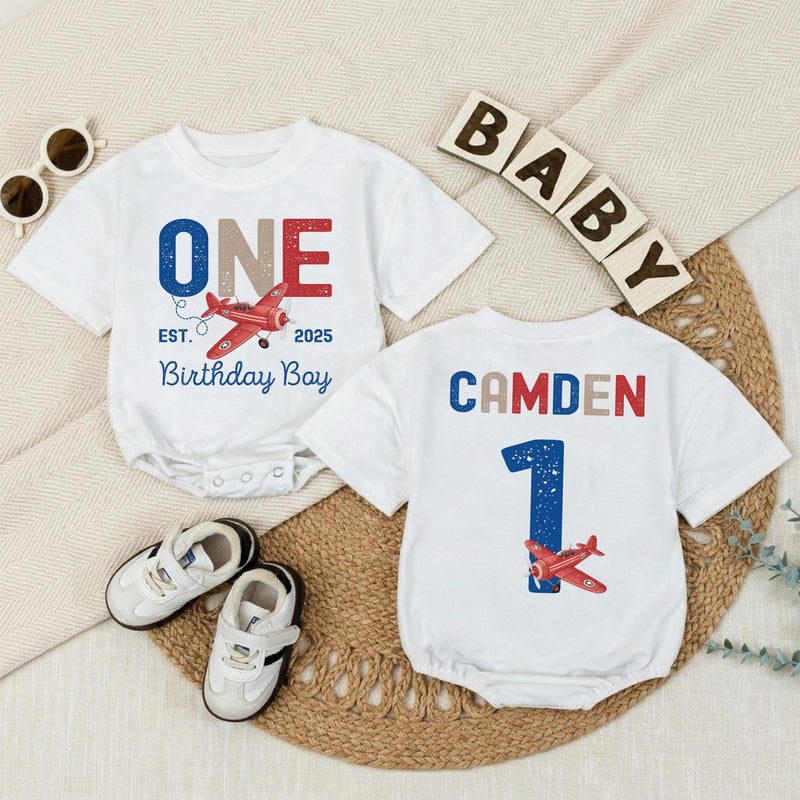 Personalized Baby Romper for 1st Birthday Airplane Design Soft Cotton Long Sleeve Outfit for Boys Party Gift