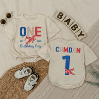 Personalized Baby Romper for 1st Birthday Airplane Design Soft Cotton Long Sleeve Outfit for Boys Party Gift