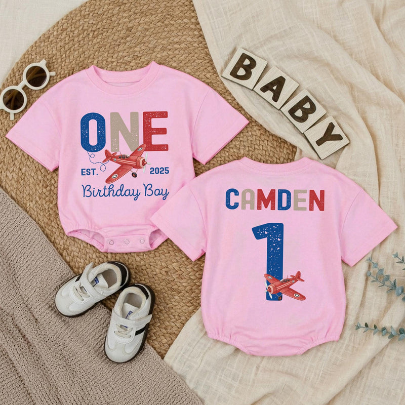 Personalized Baby Romper for 1st Birthday Airplane Design Soft Cotton Long Sleeve Outfit for Boys Party Gift