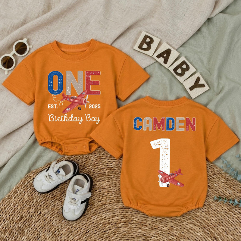 Personalized Baby Romper for 1st Birthday Airplane Design Soft Cotton Long Sleeve Outfit for Boys Party Gift