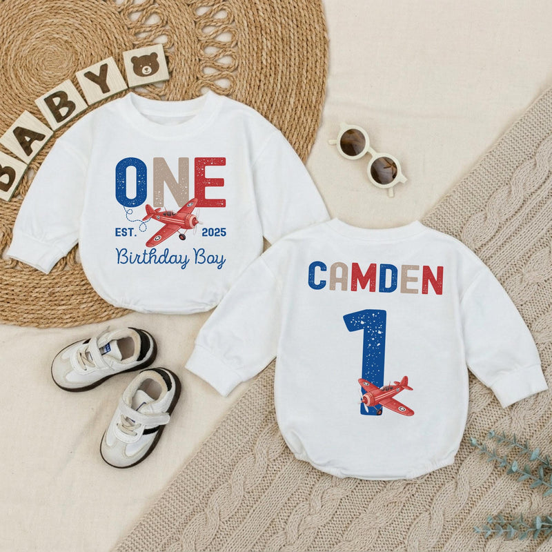 Personalized Baby Romper for 1st Birthday Airplane Design Soft Cotton Long Sleeve Outfit for Boys Party Gift