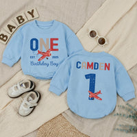 Personalized Baby Romper for 1st Birthday Airplane Design Soft Cotton Long Sleeve Outfit for Boys Party Gift