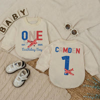 Personalized Baby Romper for 1st Birthday Airplane Design Soft Cotton Long Sleeve Outfit for Boys Party Gift