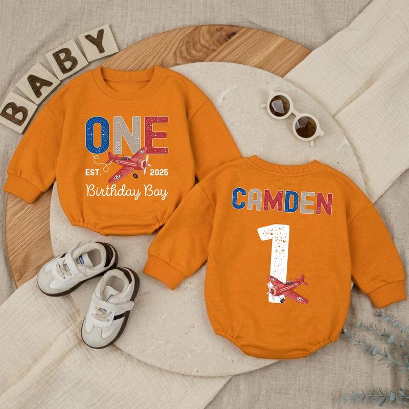 Personalized Baby Romper for 1st Birthday Airplane Design Soft Cotton Long Sleeve Outfit for Boys Party Gift