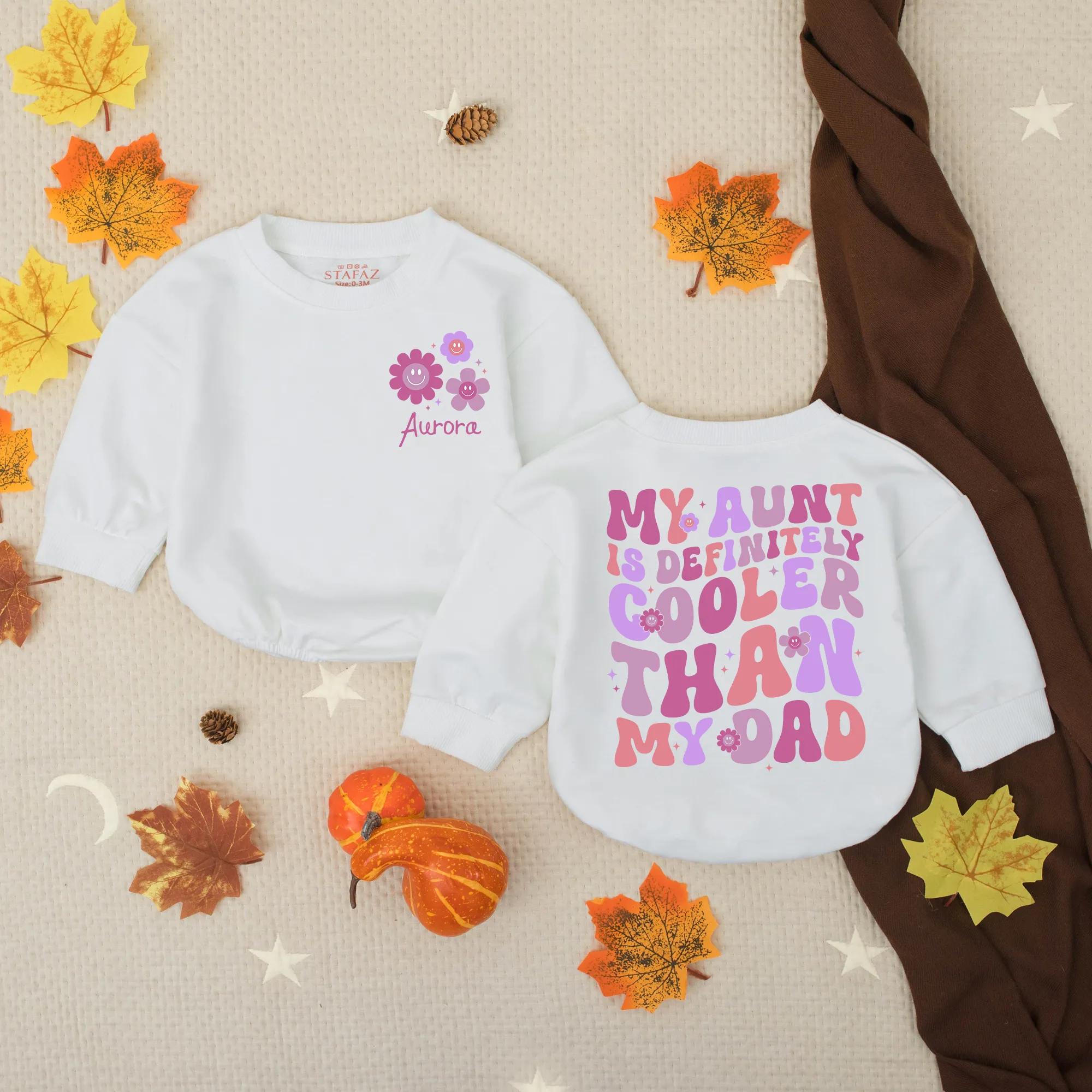 Personalized Baby Romper Aunt Is Cooler Than Dad Purple Pink Floral Design Funny Outfit Custom Name Infant Girl Gift Soft Cotton