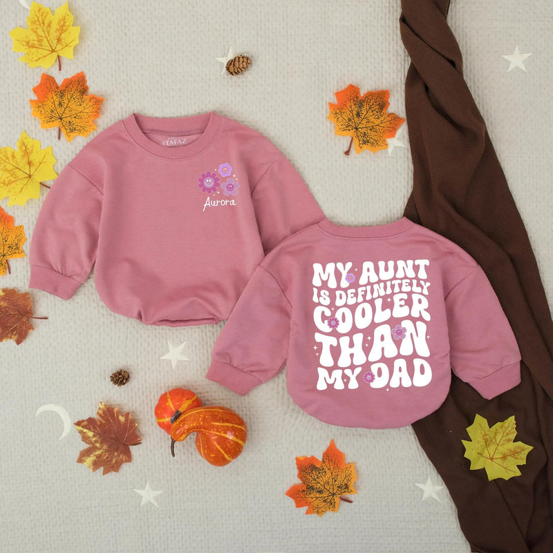 Personalized Baby Romper Aunt Is Cooler Than Dad Purple Pink Floral Design Funny Outfit Custom Name Infant Girl Gift Soft Cotton