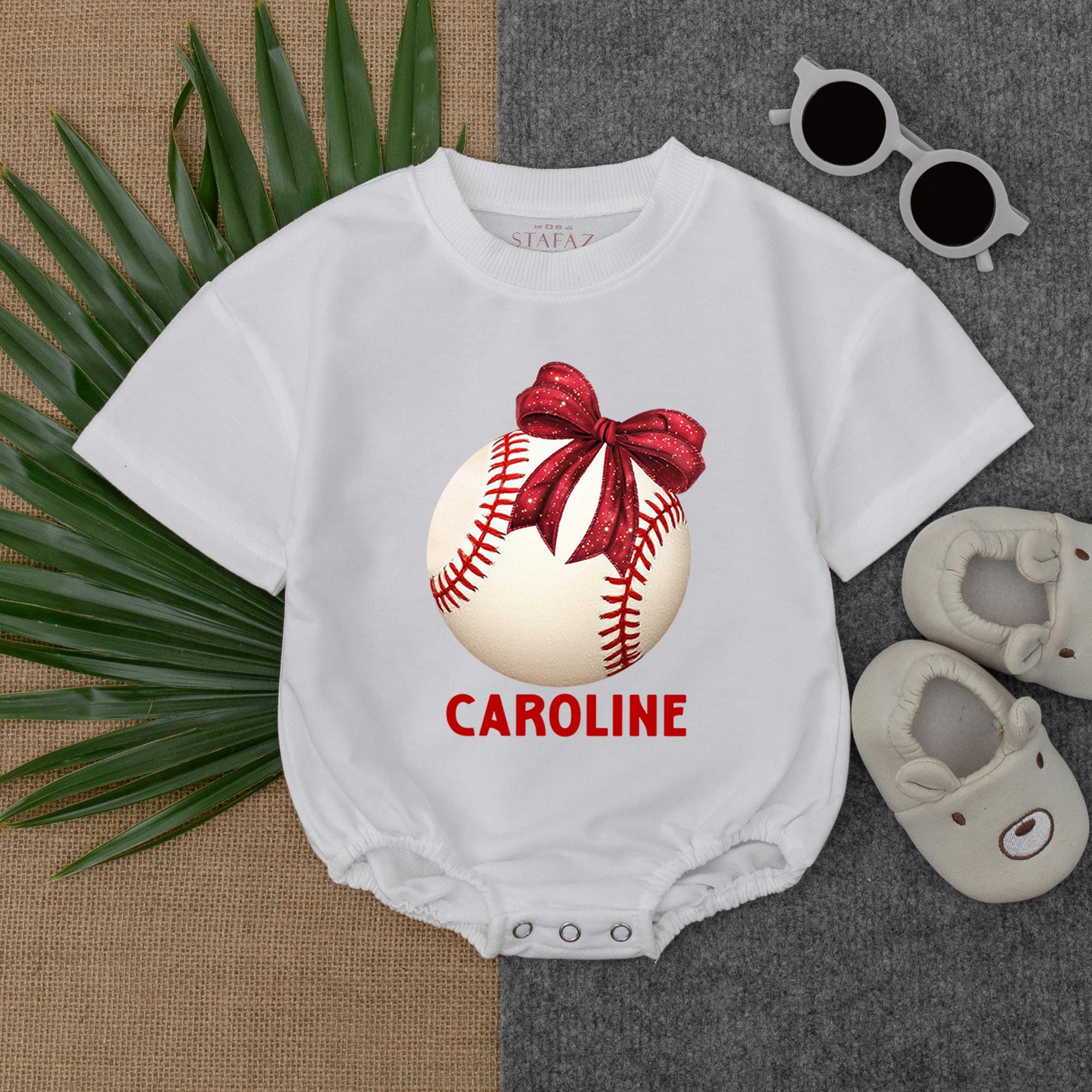 Personalized Baby Romper with Baseball Bow Design Caroline's Game Day Outfit Soft Cotton Baby Shower Gift Sporty Baby Girl Clothes