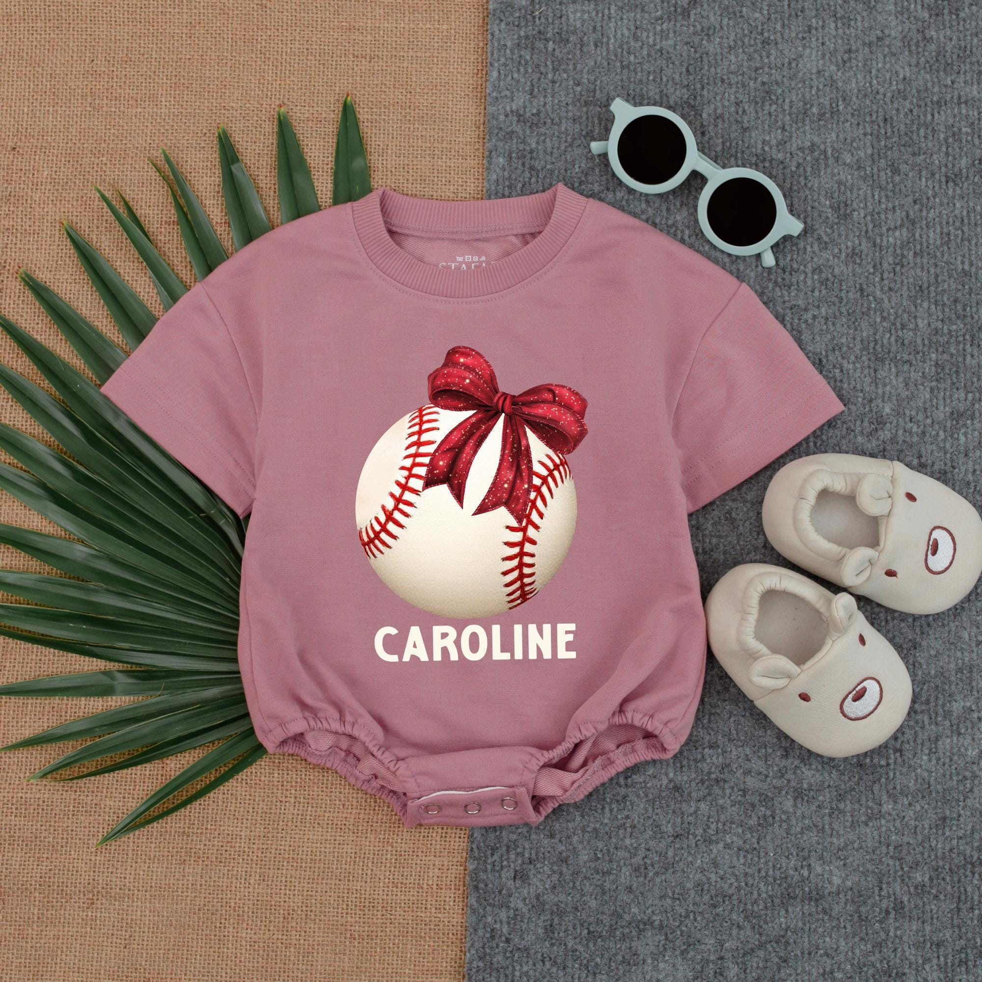 Personalized Baby Romper with Baseball Bow Design Caroline's Game Day Outfit Soft Cotton Baby Shower Gift Sporty Baby Girl Clothes