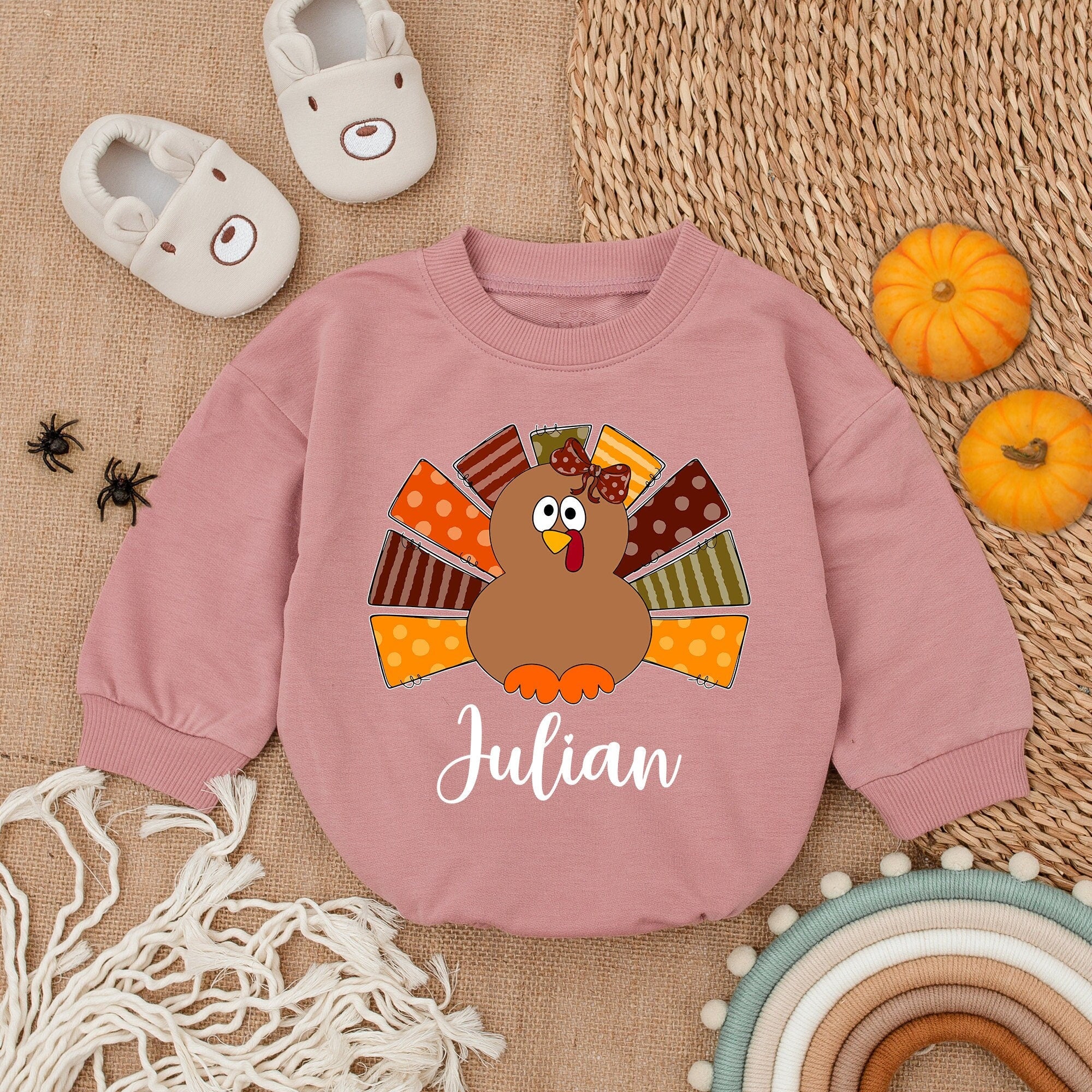 Personalized Baby Romper with Cartoon Turkey Julian Design First Thanksgiving Outfit Soft Cotton Festive Infant Boy Girl Gift