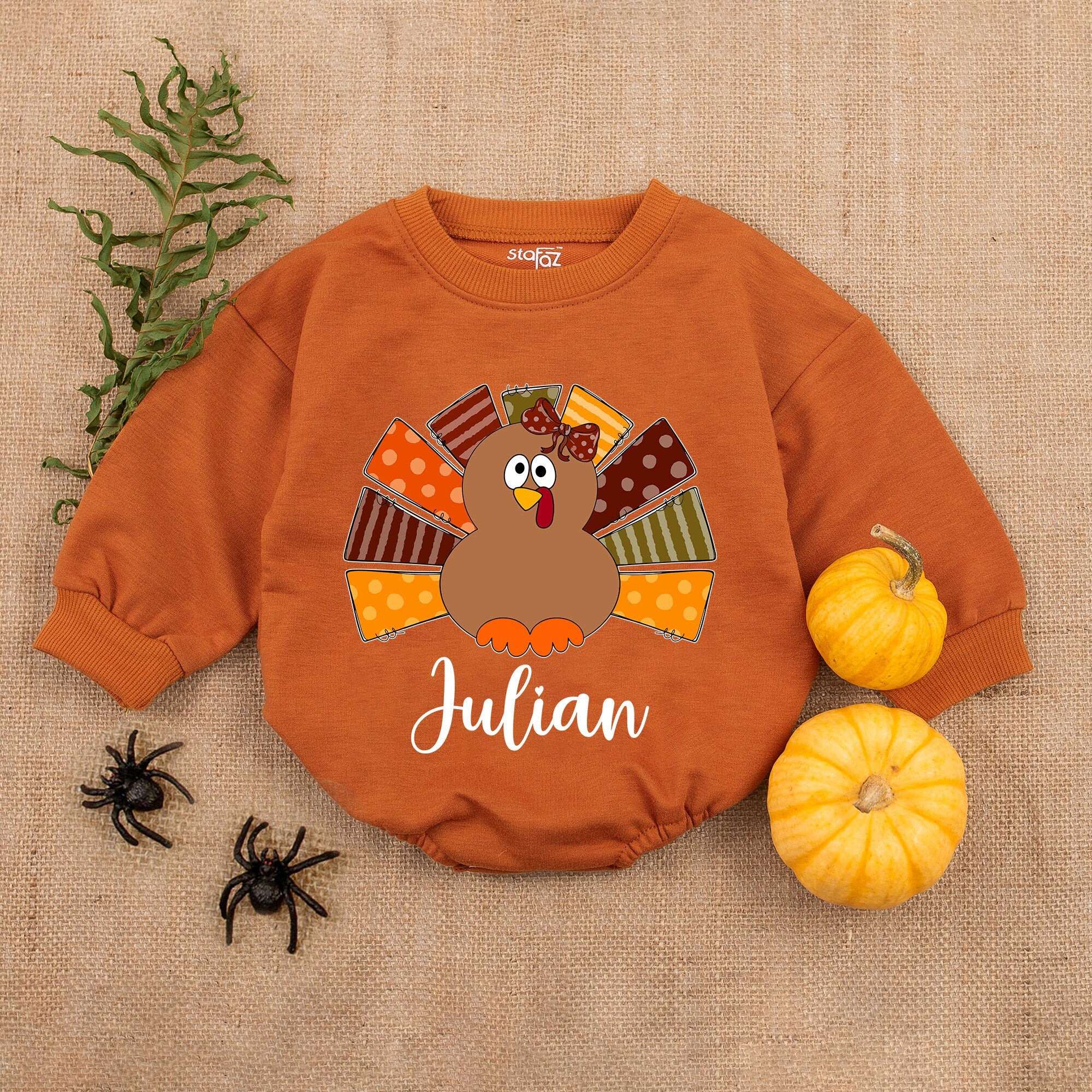 Personalized Baby Romper with Cartoon Turkey Julian Design First Thanksgiving Outfit Soft Cotton Festive Infant Boy Girl Gift
