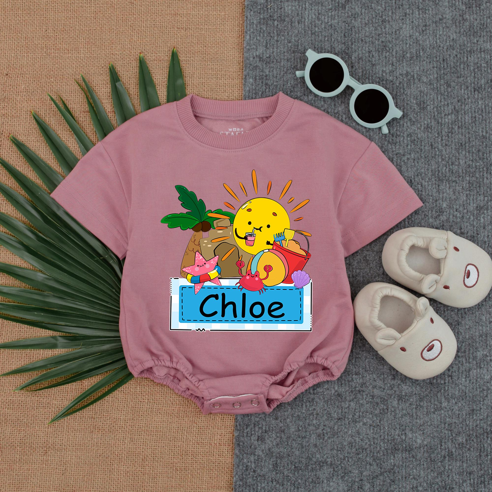 Personalized Baby Romper with Cheerful Crab and Beach Ball Design Custom Name Summer Coastal Toddler Outfit Fun Colorful Cotton
