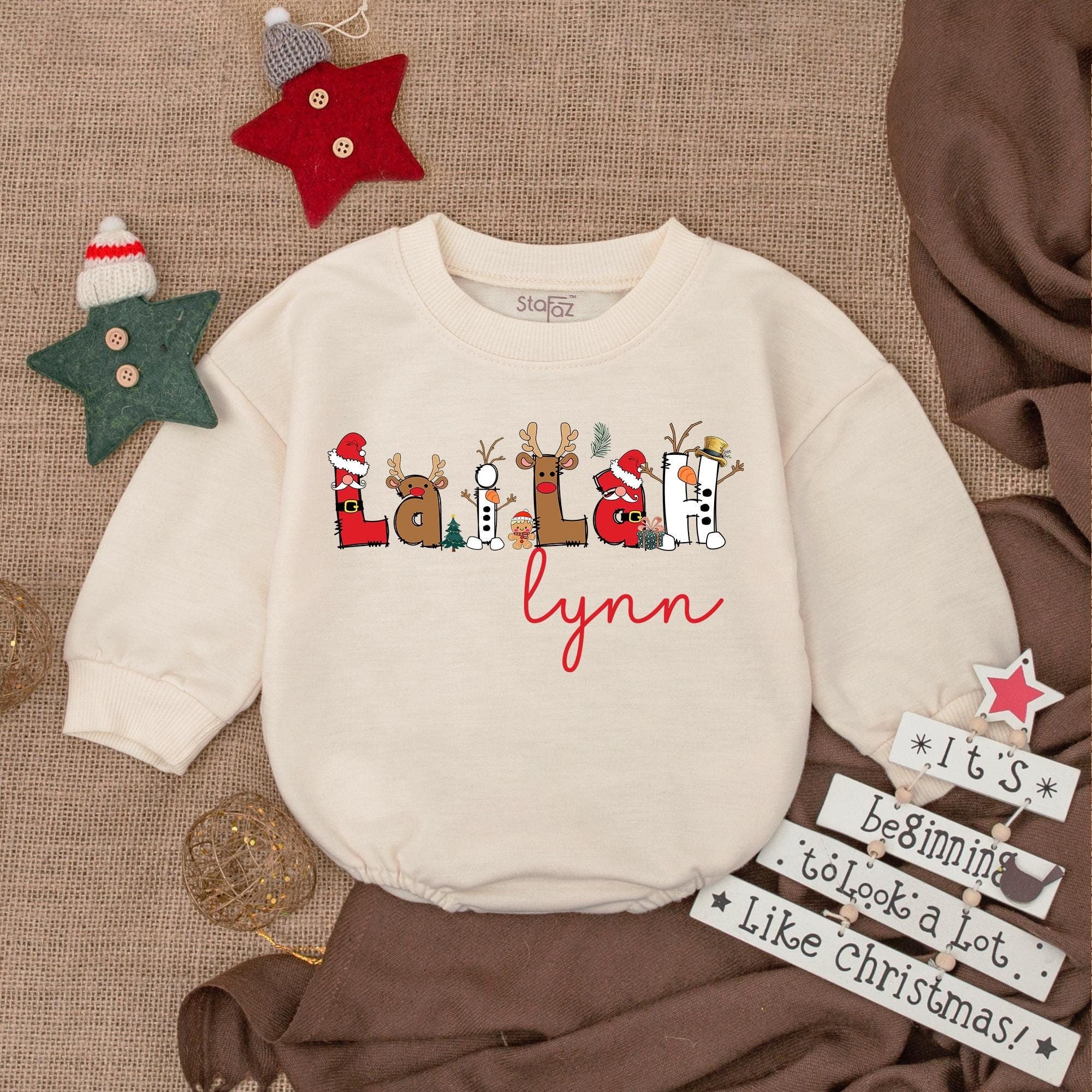 Personalized Baby Romper with Festive La La La Design Christmas Outfit Soft Cotton Newborn Holiday Bodysuit Custom Name Lynn Gift