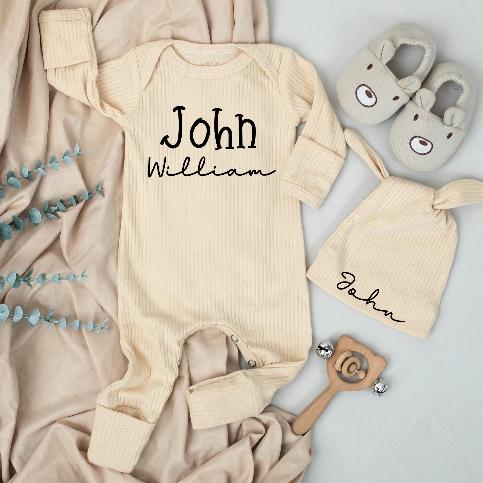 Personalized Baby Romper with First and Middle Name Minimalist Design Soft Long Sleeve Outfit for Boys or Girls Newborn Gift Going Home Set