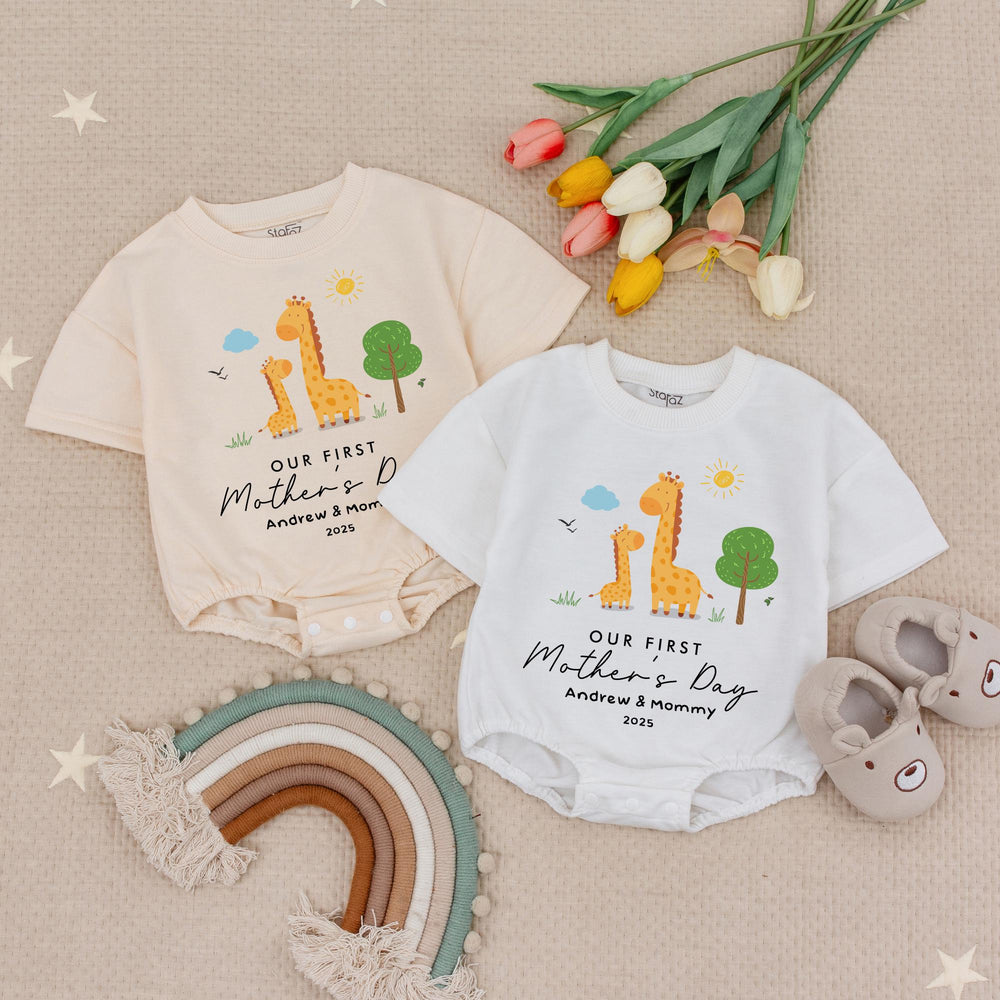 Personalized Baby Romper for First Mother's Day with Cute Giraffe Design Custom Names Soft Cotton Outfit Gift for Mommy and Infant 2025
