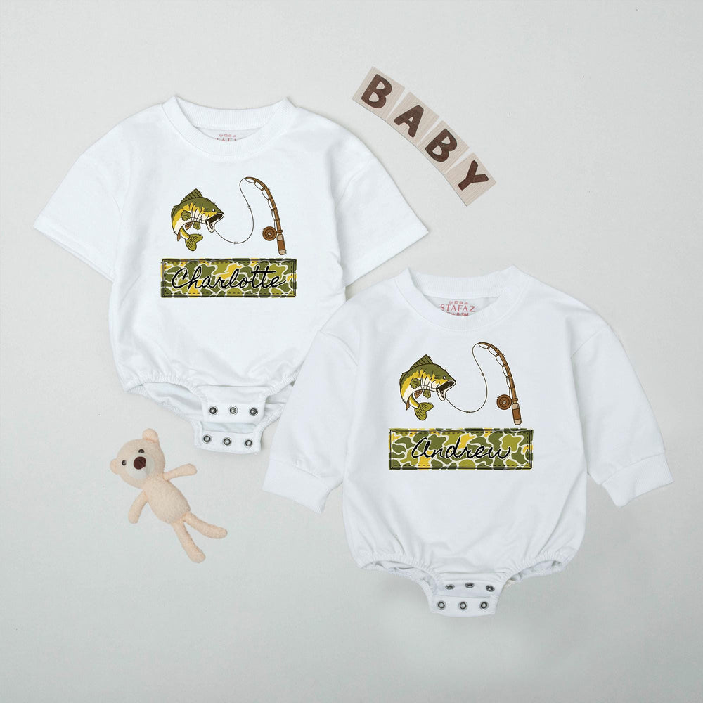 Personalized Baby Romper with Fishing Camo Design, Custom Name Bass Fish Outfit, Cute Infant Gift for Fisherman Dad or Baby Shower