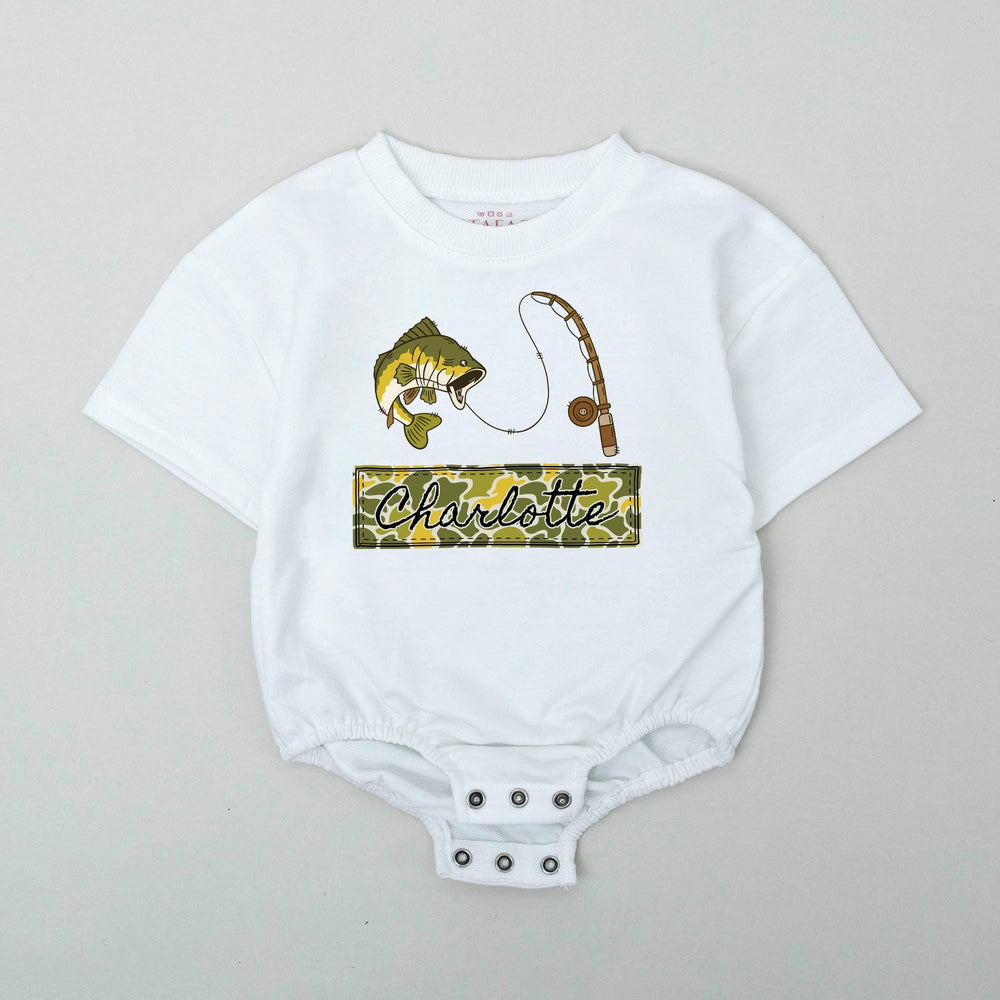 Personalized Baby Romper with Fishing Camo Design, Custom Name Bass Fish Outfit, Cute Infant Gift for Fisherman Dad or Baby Shower