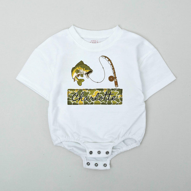 Personalized Baby Romper with Fishing Camo Design, Custom Name Bass Fish Outfit, Cute Infant Gift for Fisherman Dad or Baby Shower
