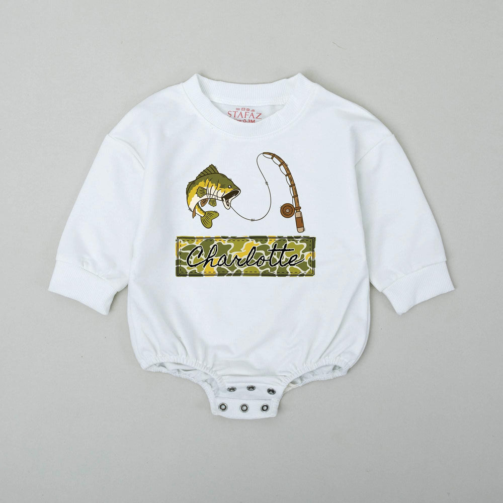 Personalized Baby Romper with Fishing Camo Design, Custom Name Bass Fish Outfit, Cute Infant Gift for Fisherman Dad or Baby Shower