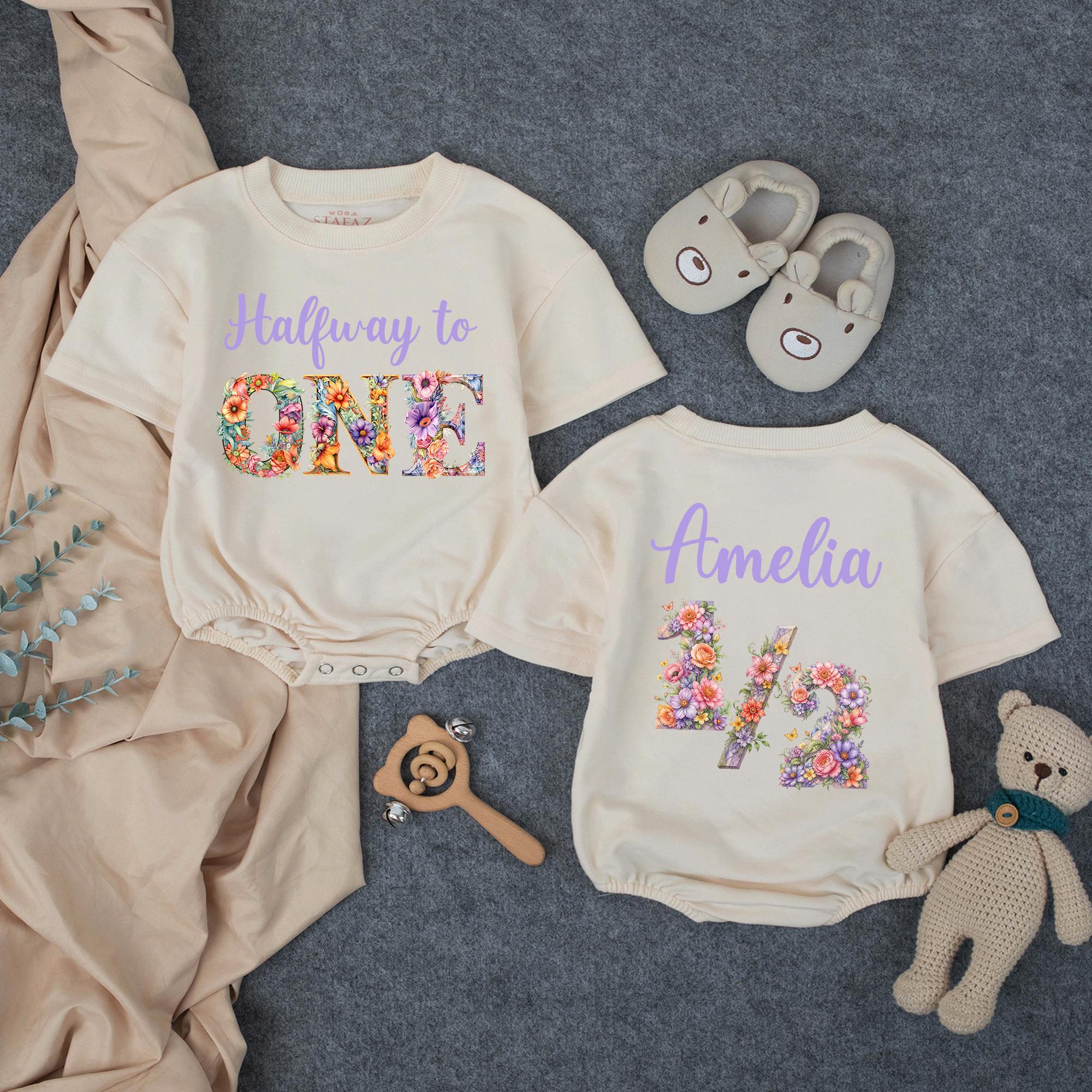 Personalized Baby Romper with Floral 'Halfway to One' and Custom Name 1/2 Design, Soft Cotton 6-Month Cake Smash Outfit for Girls