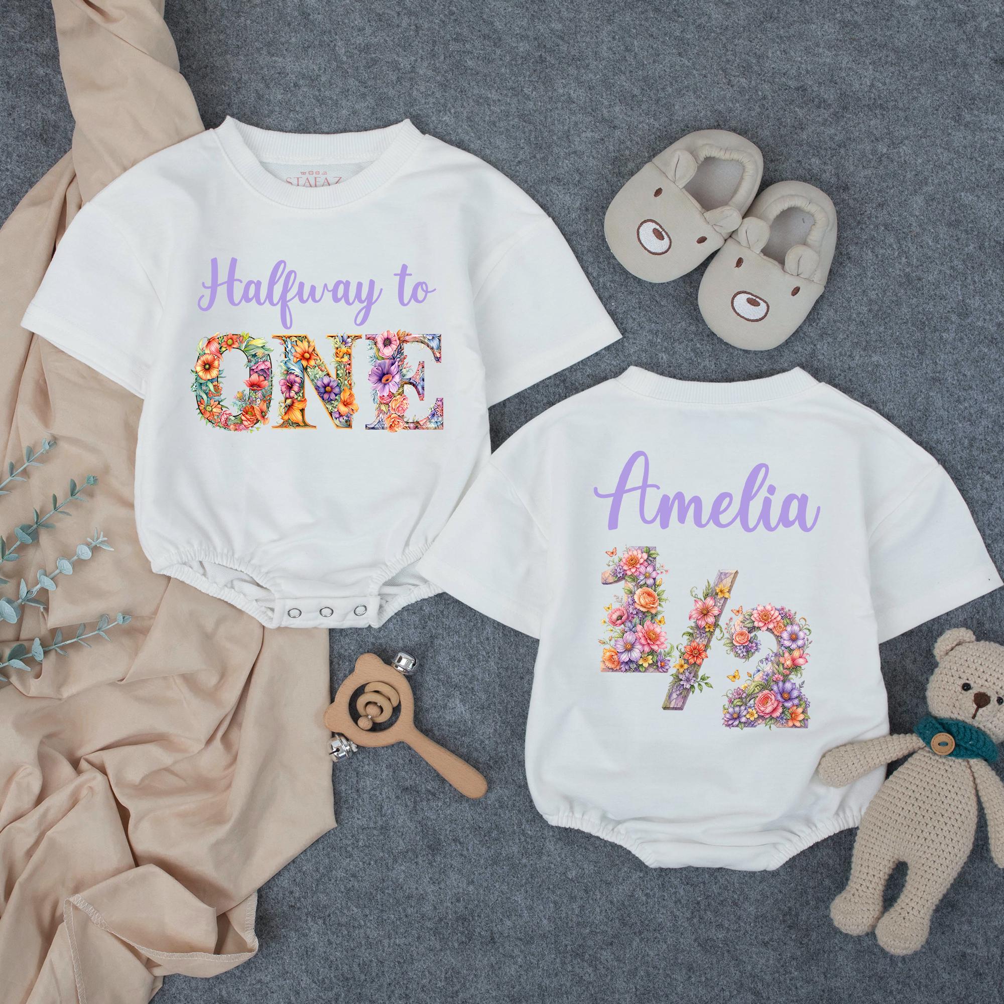 Personalized Baby Romper with Floral 'Halfway to One' and Custom Name 1/2 Design, Soft Cotton 6-Month Cake Smash Outfit for Girls