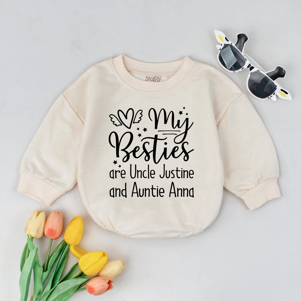 Personalized Baby Romper Gift My Besties Are Uncle Justine Auntie Anna Custom Toddler Outfit Soft Cotton Black Text Cream Design