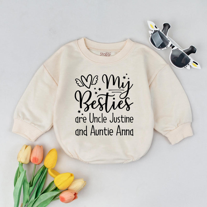 Personalized Baby Romper Gift My Besties Are Uncle Justine Auntie Anna Custom Toddler Outfit Soft Cotton Black Text Cream Design