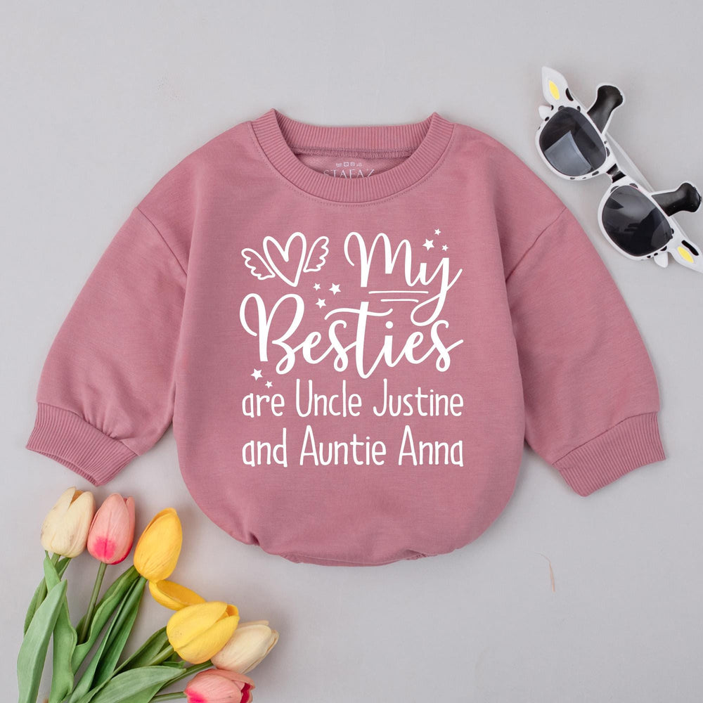 Personalized Baby Romper Gift My Besties Are Uncle Justine Auntie Anna Custom Toddler Outfit Soft Cotton Black Text Cream Design