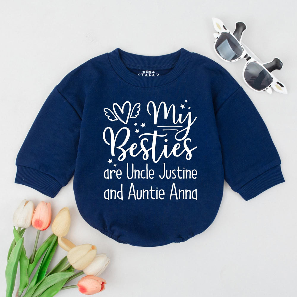 Personalized Baby Romper Gift My Besties Are Uncle Justine Auntie Anna Custom Toddler Outfit Soft Cotton Black Text Cream Design