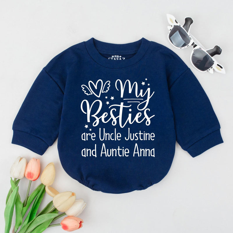Personalized Baby Romper Gift My Besties Are Uncle Justine Auntie Anna Custom Toddler Outfit Soft Cotton Black Text Cream Design