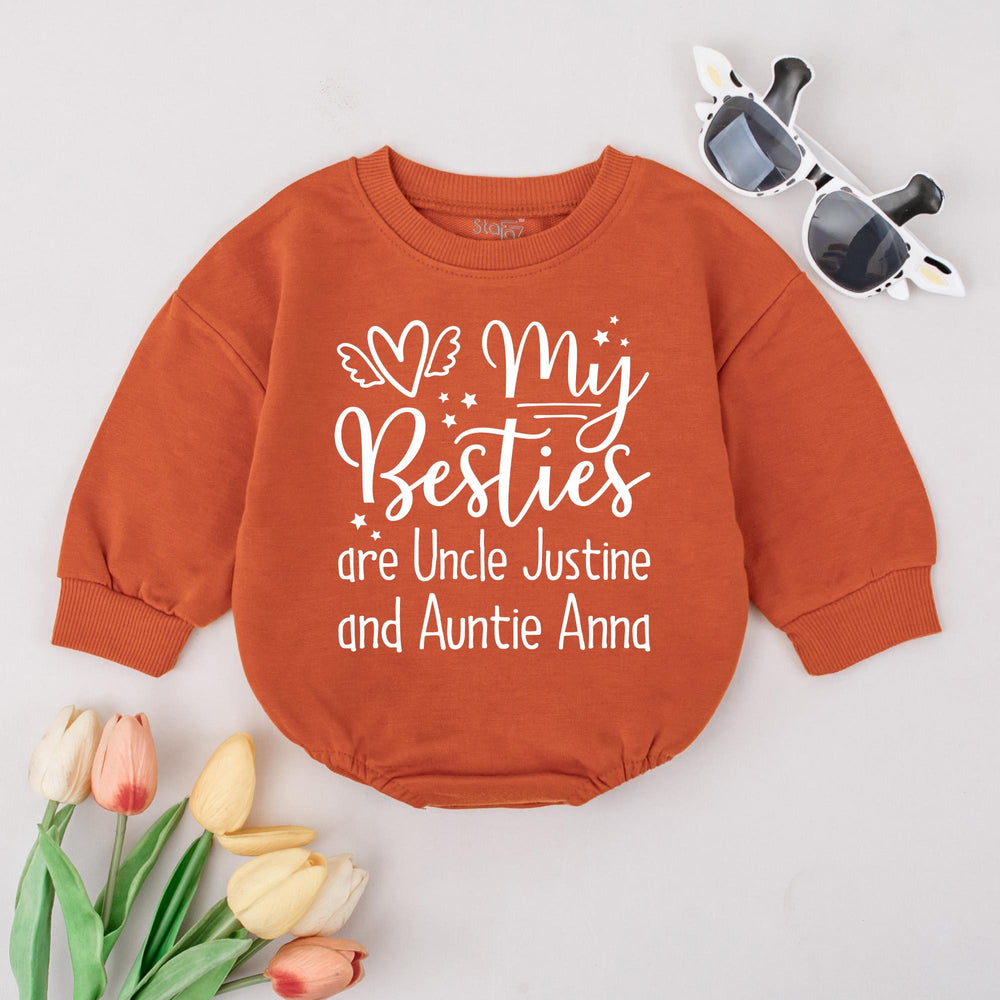Personalized Baby Romper Gift My Besties Are Uncle Justine Auntie Anna Custom Toddler Outfit Soft Cotton Black Text Cream Design