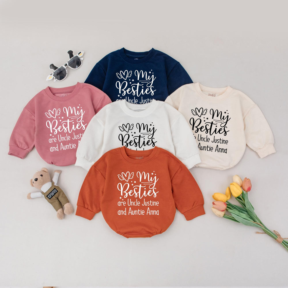 Personalized Baby Romper Gift My Besties Are Uncle Justine Auntie Anna Custom Toddler Outfit Soft Cotton Black Text Cream Design