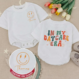Personalized Baby Romper with Groovy 'In My Daycare Era' Retro Smiley Design, Custom Name, Soft Cotton Long Sleeve Outfit for Babies & Toddlers