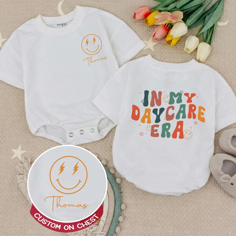 Personalized Baby Romper with Groovy 'In My Daycare Era' Retro Smiley Design, Custom Name, Soft Cotton Long Sleeve Outfit for Babies & Toddlers