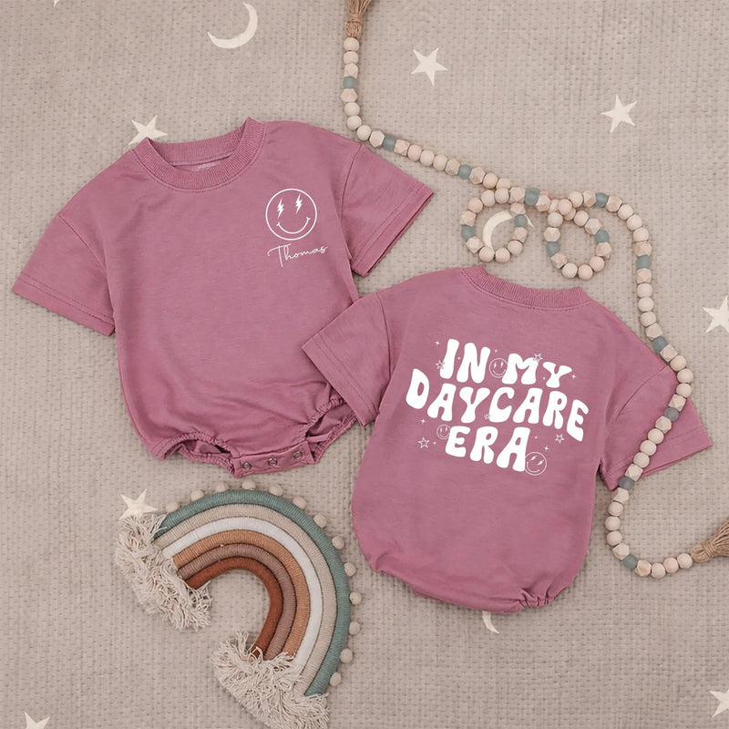 Personalized Baby Romper with Groovy 'In My Daycare Era' Retro Smiley Design, Custom Name, Soft Cotton Long Sleeve Outfit for Babies & Toddlers