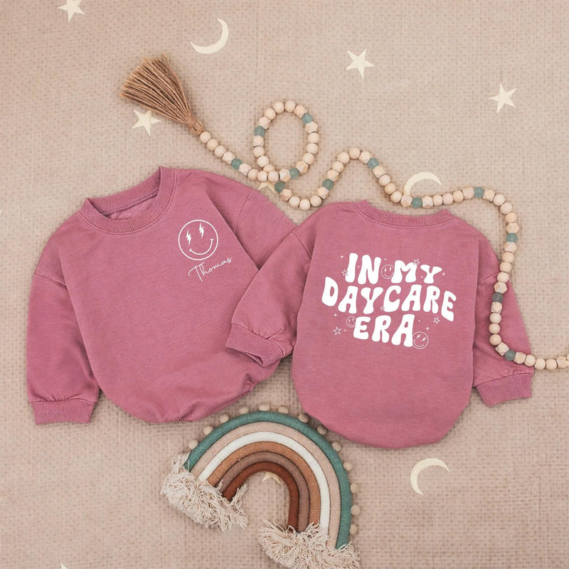 Personalized Baby Romper with Groovy 'In My Daycare Era' Retro Smiley Design, Custom Name, Soft Cotton Long Sleeve Outfit for Babies & Toddlers