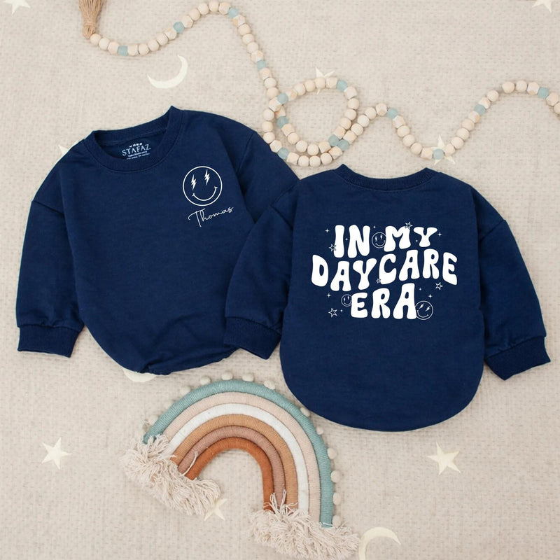 Personalized Baby Romper with Groovy 'In My Daycare Era' Retro Smiley Design, Custom Name, Soft Cotton Long Sleeve Outfit for Babies & Toddlers