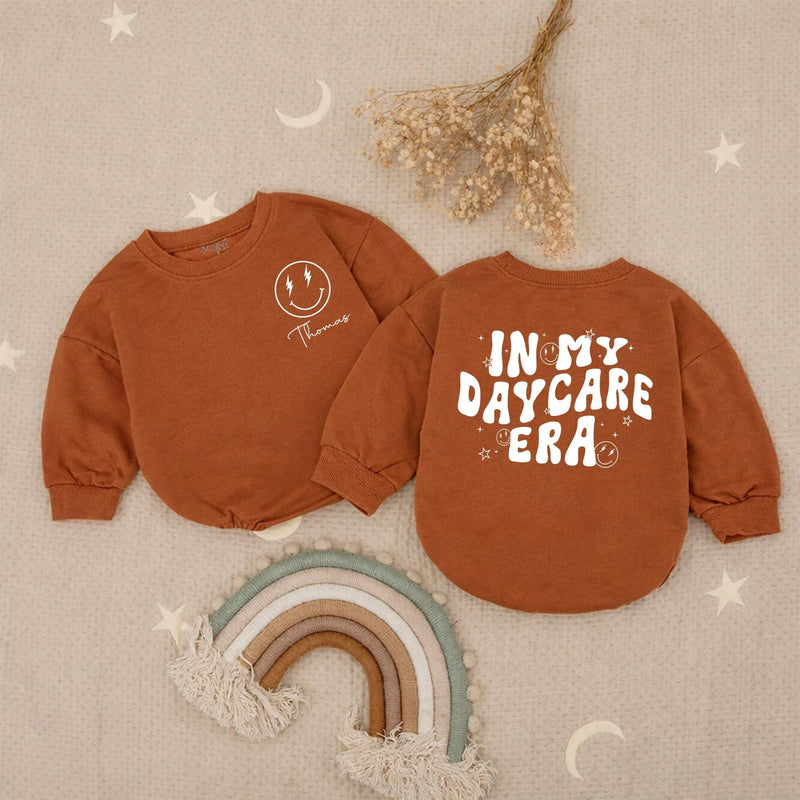 Personalized Baby Romper with Groovy 'In My Daycare Era' Retro Smiley Design, Custom Name, Soft Cotton Long Sleeve Outfit for Babies & Toddlers