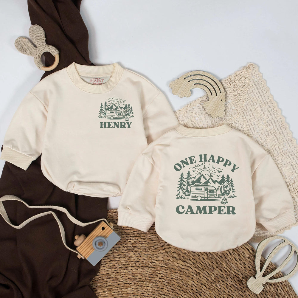 Personalized Baby Romper with Happy Camper Design, Custom Name Outfit for Outdoor Adventures, Forest Green Baby Gift for Boys or Girls