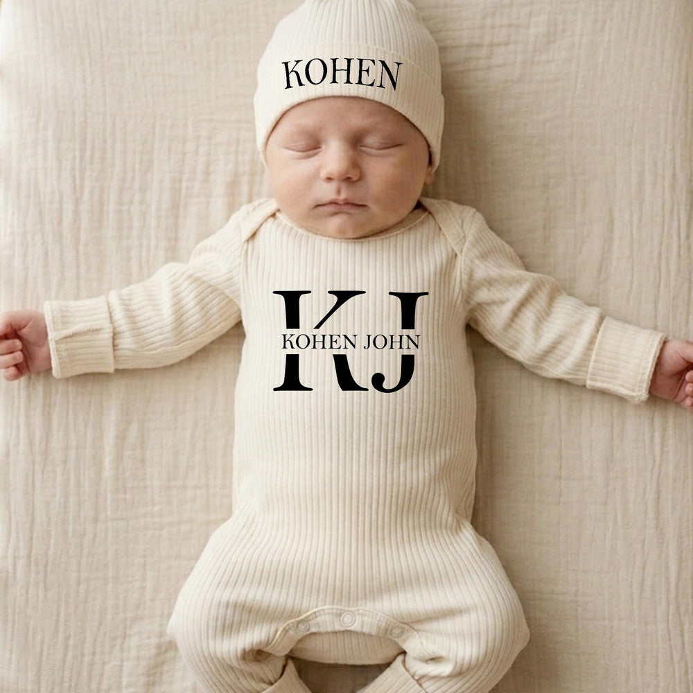 Personalized Baby Romper and Hat Set Custom Name Kohen John Design Newborn Coming Home Outfit Soft Cotton Gift for Boy or Girl
