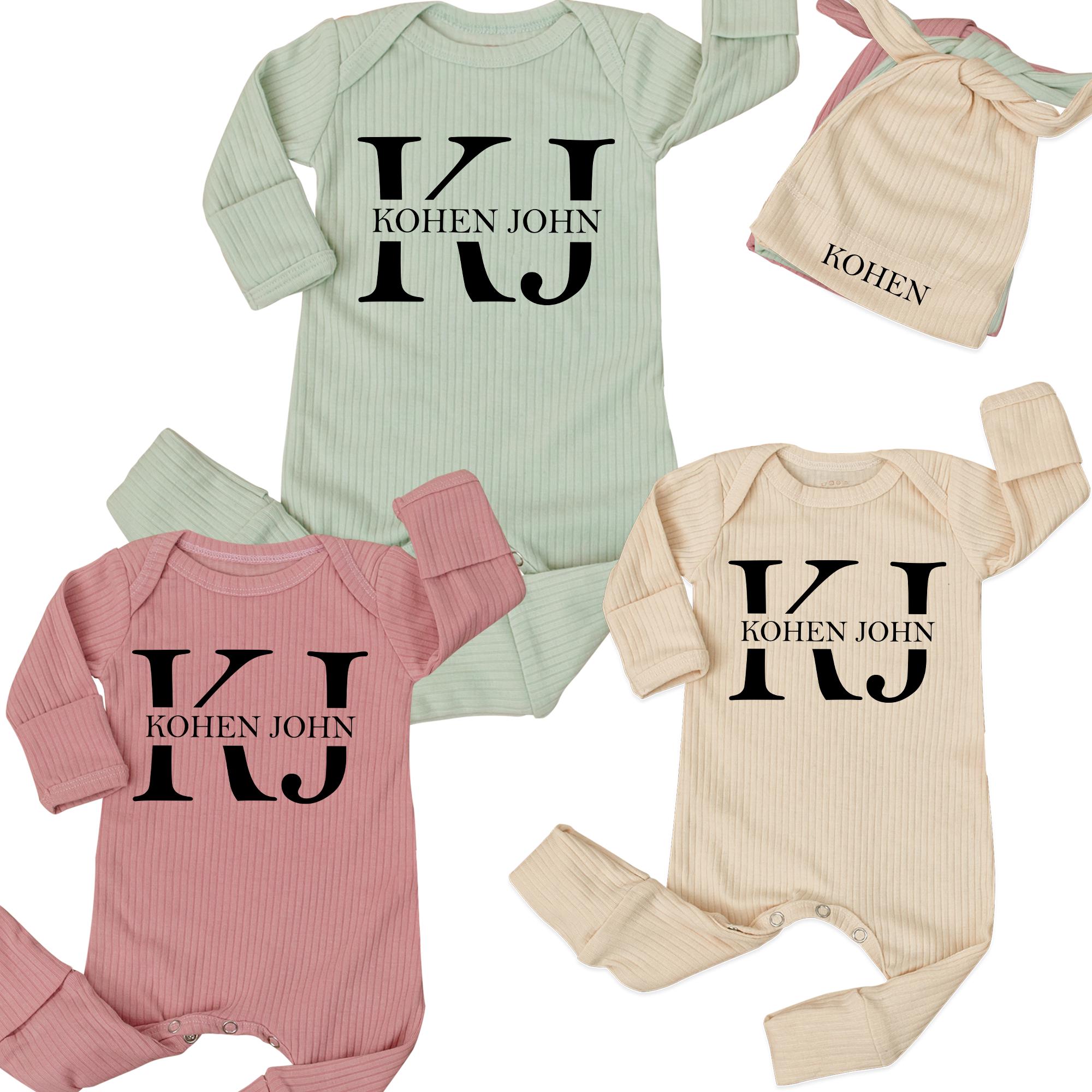 Personalized Baby Romper and Hat Set Custom Name Kohen John Design Newborn Coming Home Outfit Soft Cotton Gift for Boy or Girl