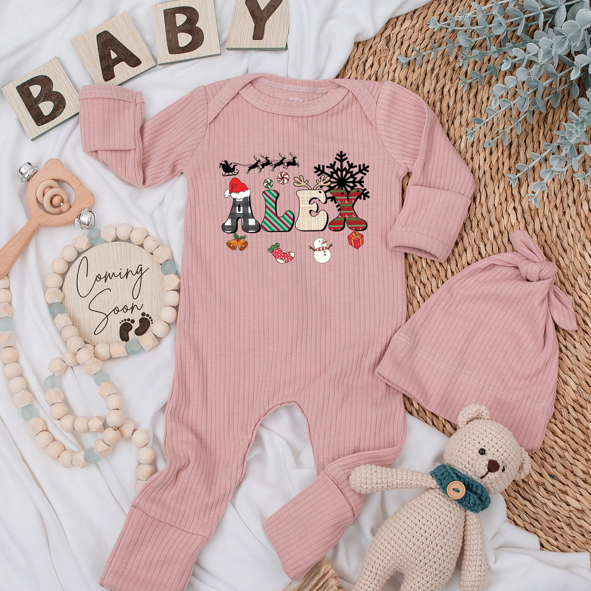 Personalized Baby Romper and Hat Set LOVE Penguin Candy Cane Mittens Snowflake Holiday Infant Outfit Christmas Gift Neutral Clothes