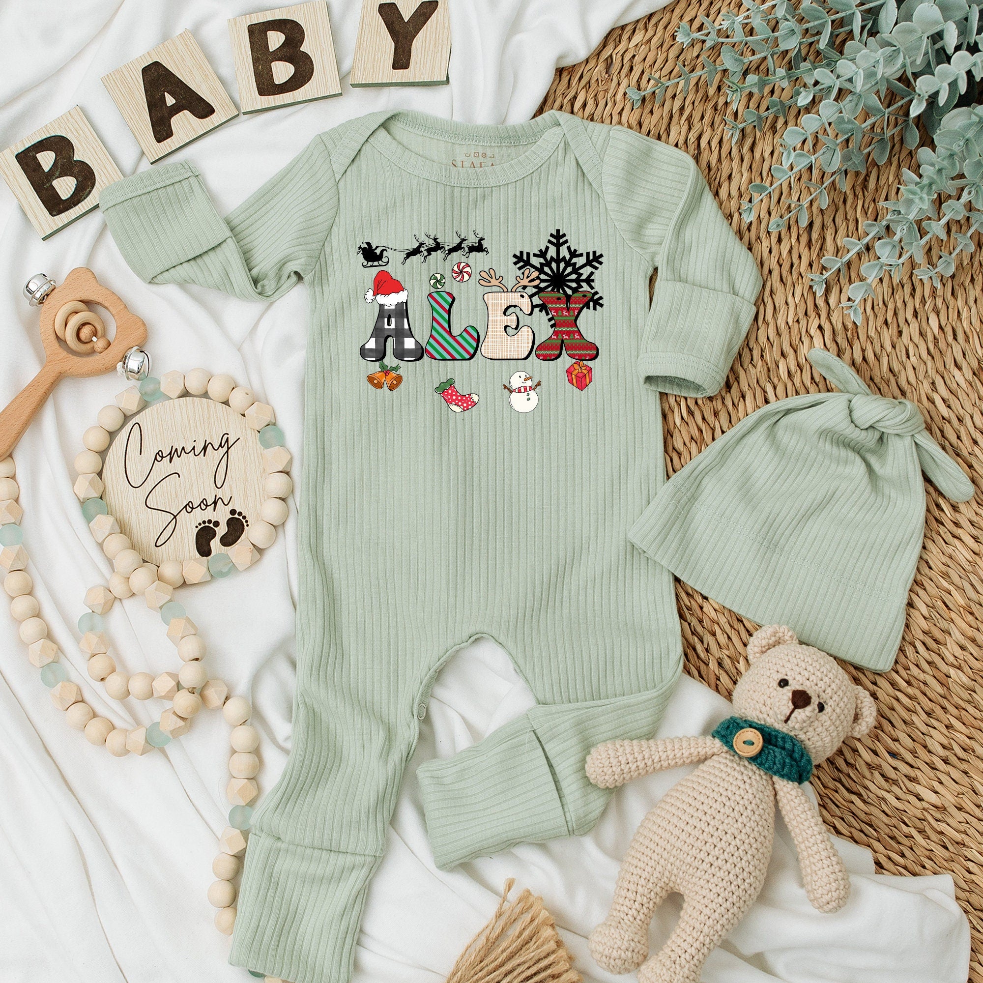 Personalized Baby Romper and Hat Set LOVE Penguin Candy Cane Mittens Snowflake Holiday Infant Outfit Christmas Gift Neutral Clothes